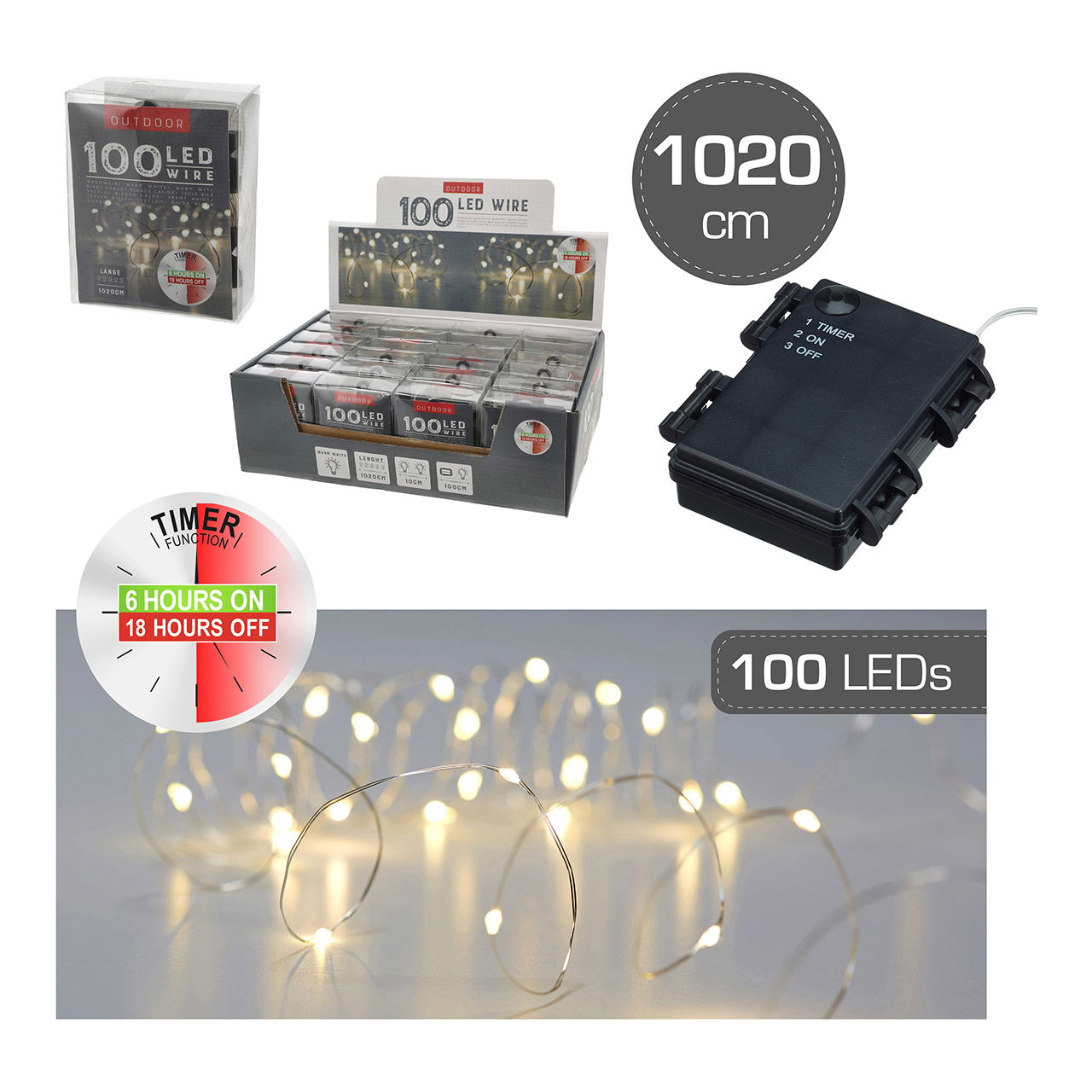 Licther ketting micro outdoor 100 LED met timer, 1020cm draad, LED warm wit gemaakt van metaal zilver (B) 1020cm batterijvoeding 3x AA niet inbegrepen