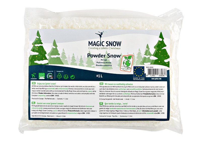 BIO nieve artificial +/- 1 litro Biodegradable a partir de sémola de trigo extrusionada blanca