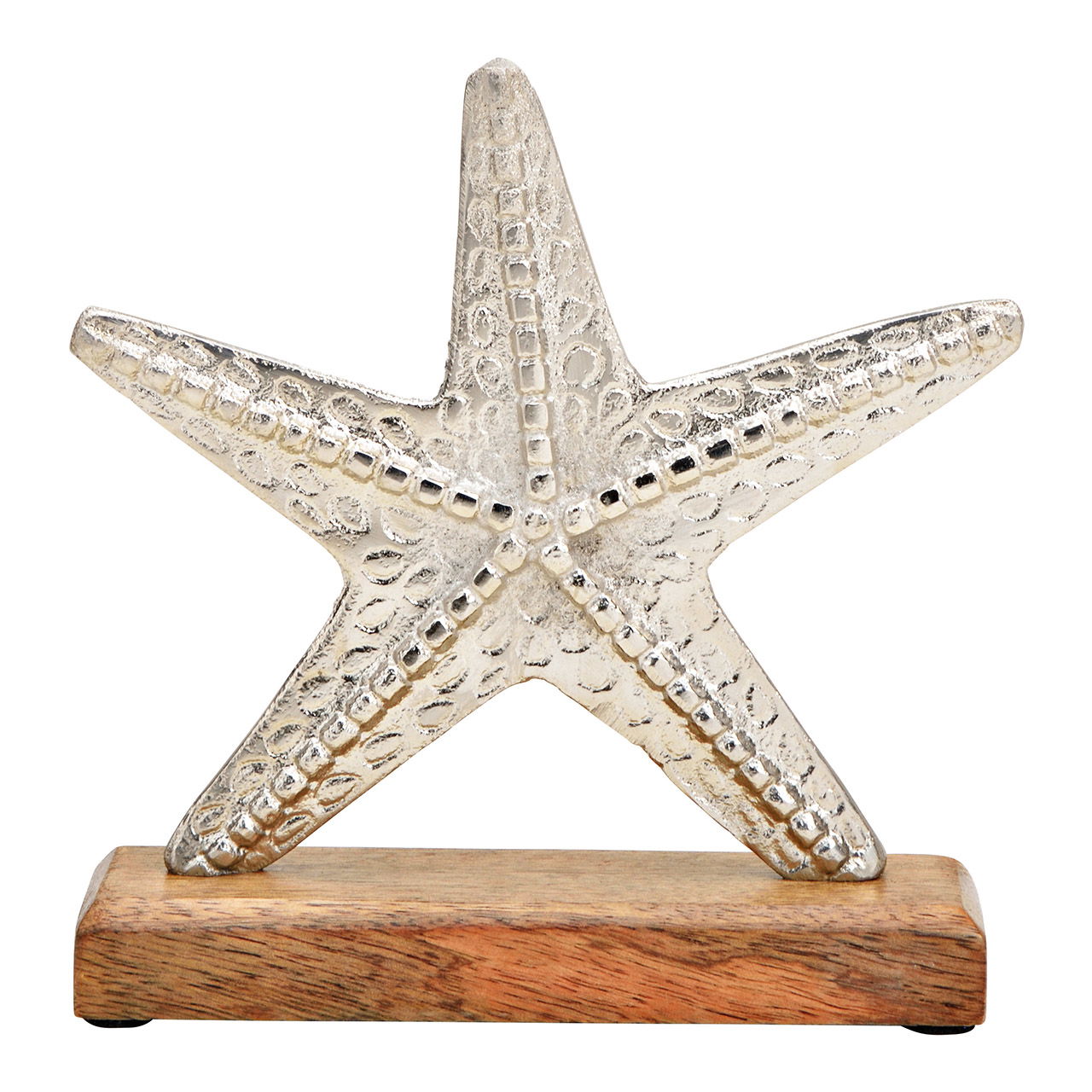 Estrella de mar sobre base de madera de mango, metal, plata (c/h/d) 18x18x5cm