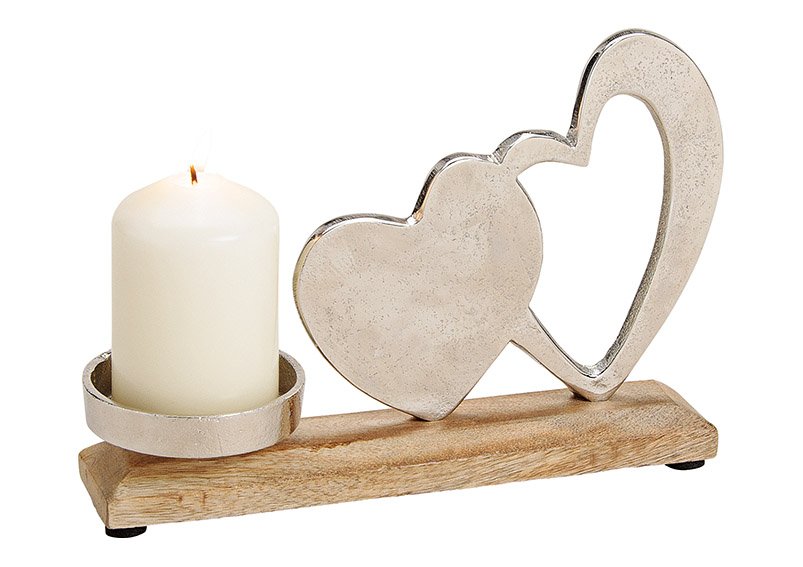 Candeliere in metallo, legno di mango decorazione cuore argento (w/h/d) 23x16x5cm