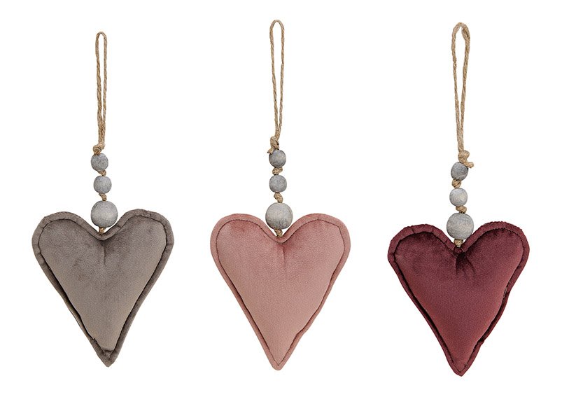 Hanger heart, in three color, oldrose, red, taupe, made of velvet, 3 asst. 13x15x4cm