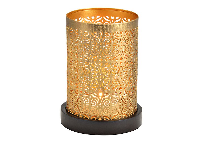 Lanterna su base in legno di mango marrone scuro, metallo dorato, (c/h/d) 12x16x12cm