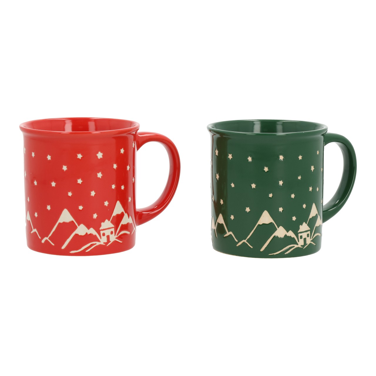 Becher Berge aus Steingut Rot/Grün 2-fach sortiert (B/H/T) 12x9x8cm 314ml Pokal, Getränk, Kaffee, Kaffeetasse