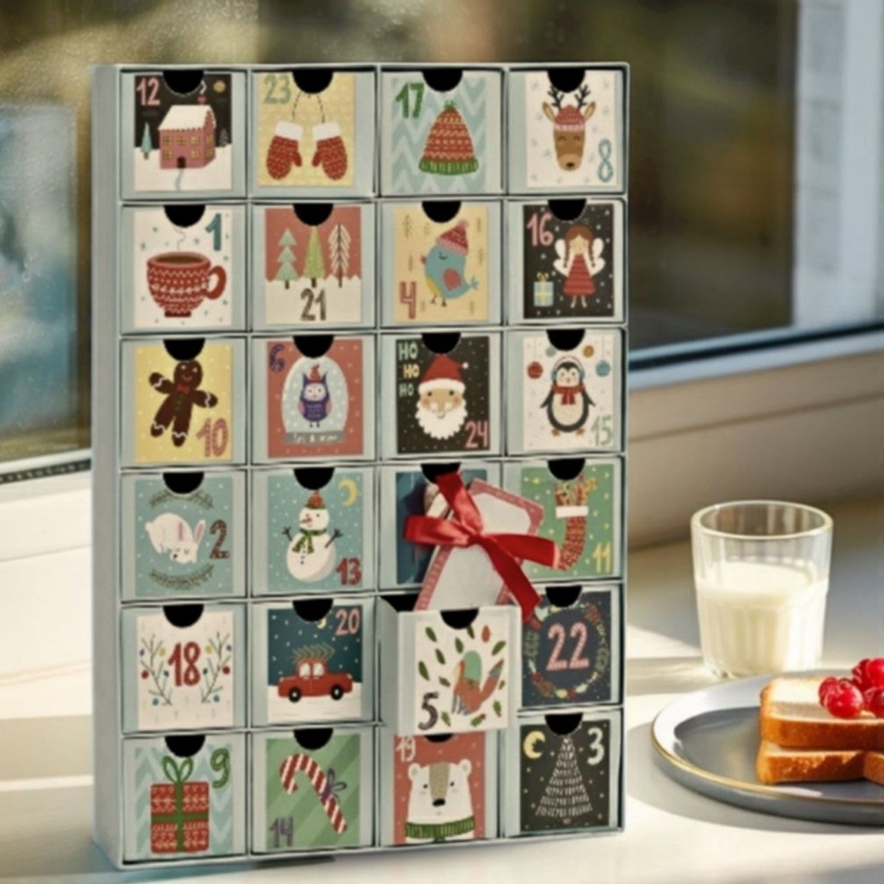 Calendrier de l'Avent en papier/carton, 24 boîtes Ø6cm, bleu (L/H/P) 26x39x6cm