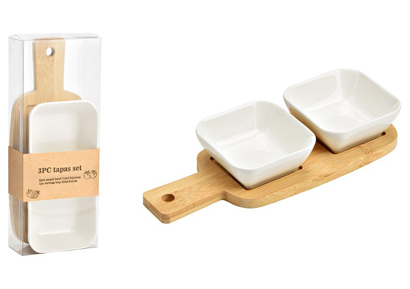 Tapas set of 3, natural, bamboo serving tray (W/H/D) 22x1x8cm 2 ceramic bowl 7x3x7cm