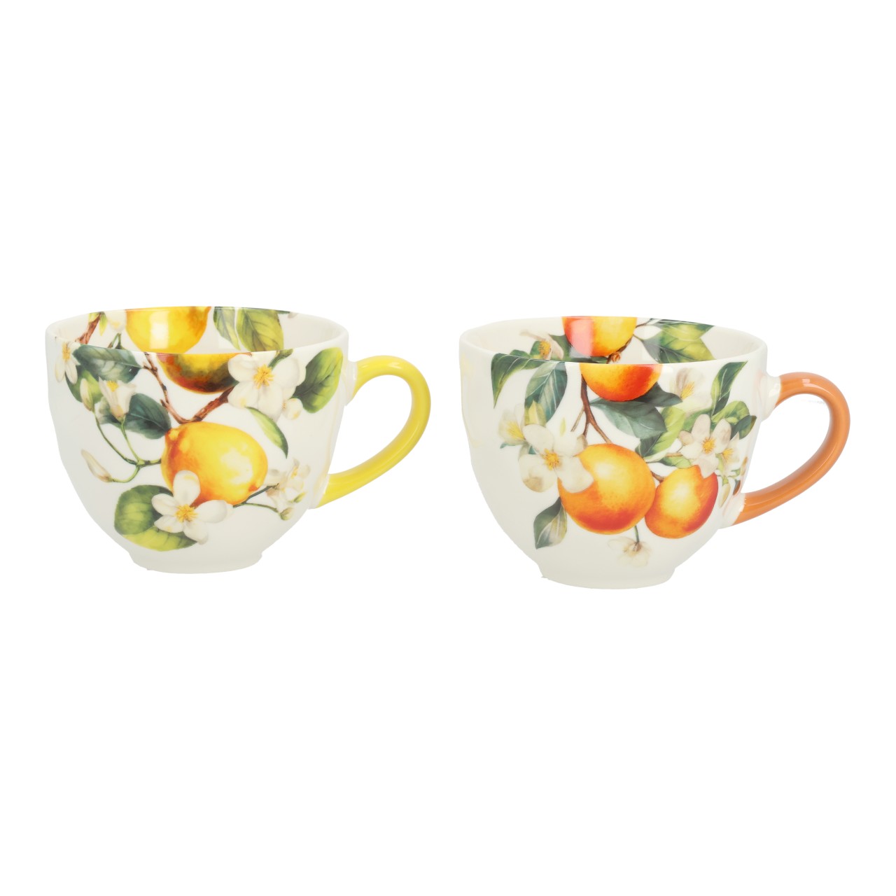 Tazze con decorazione a frutta in porcellana, arancioni, assortite in 2 modelli (L/A/P) 14x8,5x11 cm, 430 ml Kaffeetasse, Keramik, Orangenmuster, Blütenmuster, Doppelset