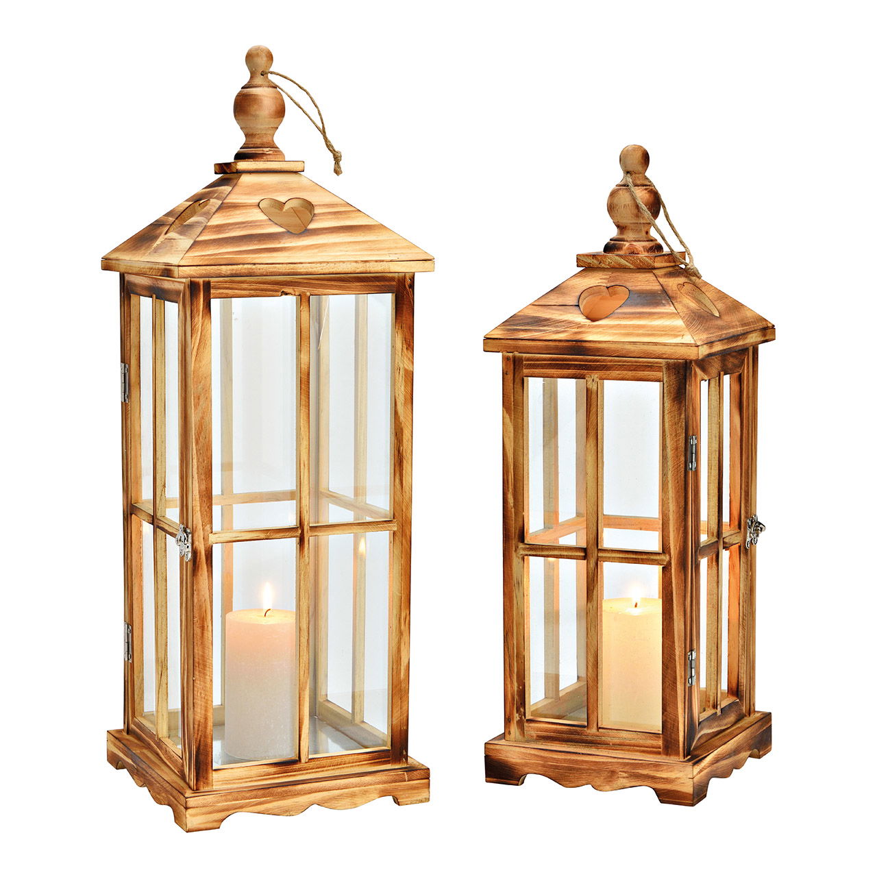 Lantern set made of wood, glass brown set of 2, (W/H/D) 22x62x22cm 16x45x16cm Lampe, Laterne, Kerze