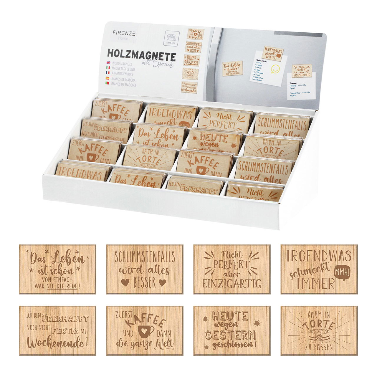 Aimants avec slogan en bois naturel 8 fois, (L/H/P) 8x6x8cm dans un présentoir de 48 pièces Aimants avec slogan en bois naturel 8 fois, (L/H/P) 8x6x8cm dans un présentoir de 48 pièces