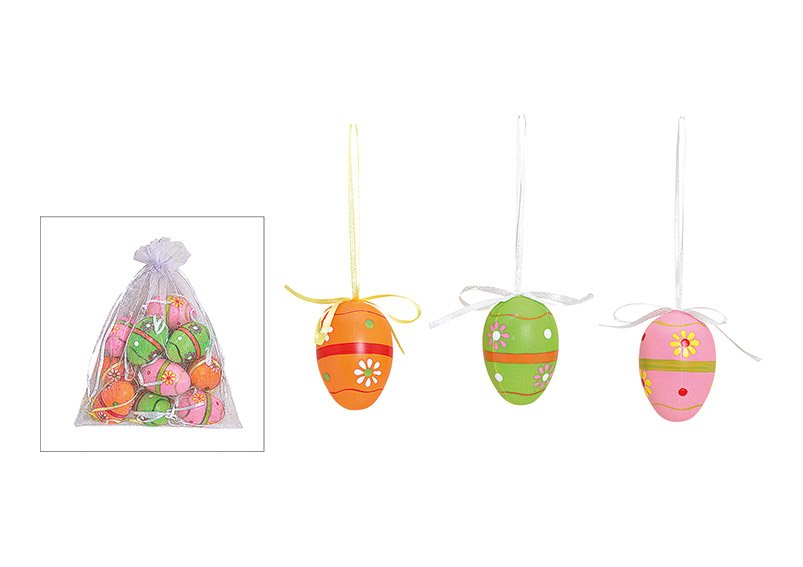 Set di uova di Pasqua da appendere, 4x6x4cm, plastica colorata, set di 12 in sacchetto di organza