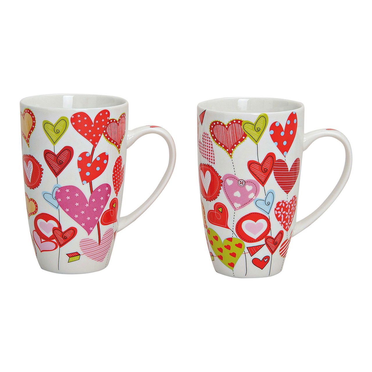 Taza corazones de porcelana, 2 surtidas, 13 cm, 380 ml