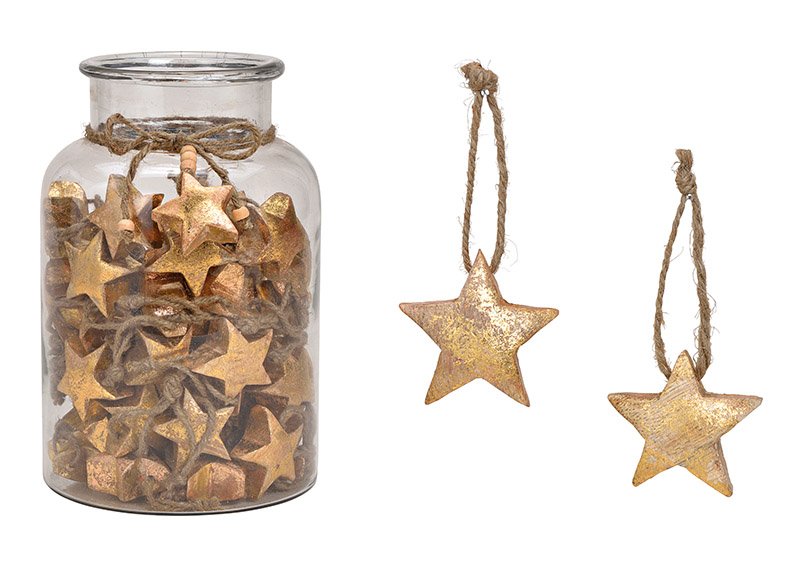 Appendino stella di legno di mango oro (c/h/d) 5x5x3cm, 60 pezzi in vetro 16x26x16cm