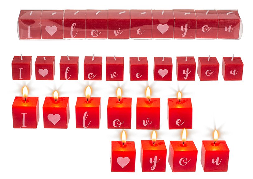 Kerzenblock mit Schrift, I love you in Kunststoffbox aus Wachs Rot 10er Set, (B/H/T) 30x3x3cm