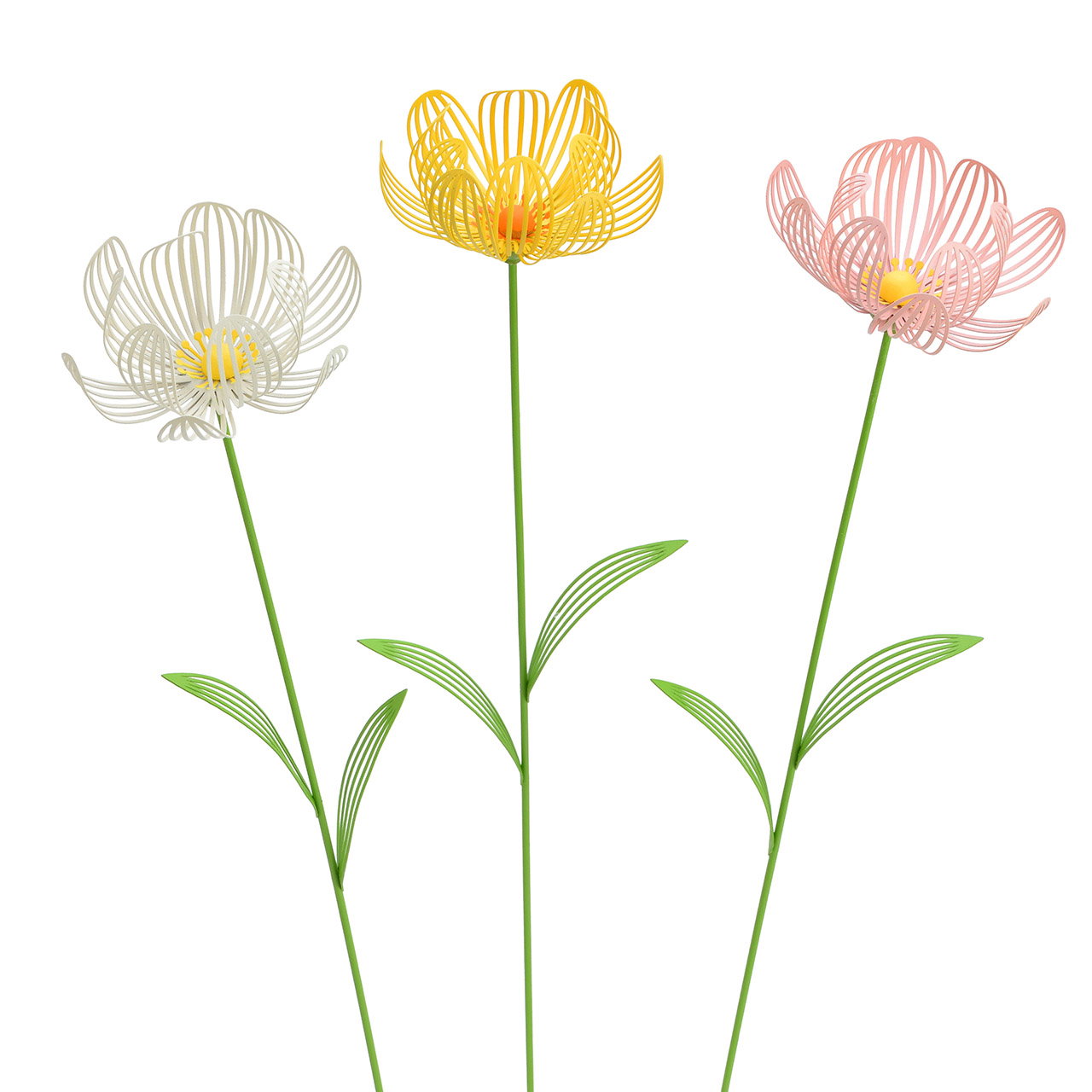  metallische Streifenblumen, Drahtskulptur, künstlerische Blume, grüne Stiele, drei Farben