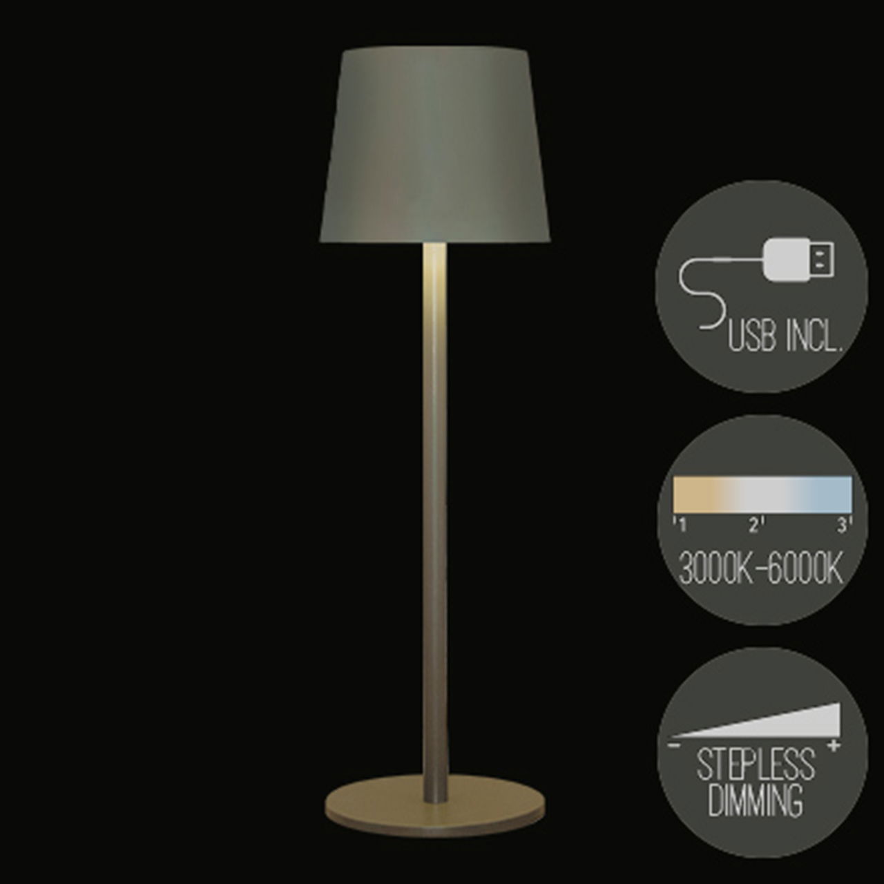 Tischlampe IP44 Warmweiß LED incklusive 80cm USB Zuleitung aus Kunststoff, Matt Olive (B/H/T) 9x28x9cm Lampe, Lampenschirm