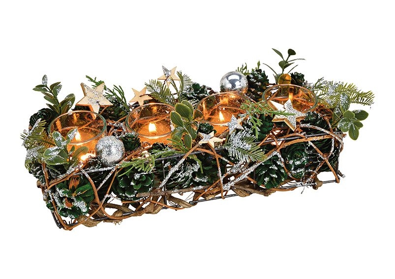 Advent arrangement, tealight holder for 4 tealights, made of wood, plastic, glass, metal green (w / h / d) 30x9x12cm