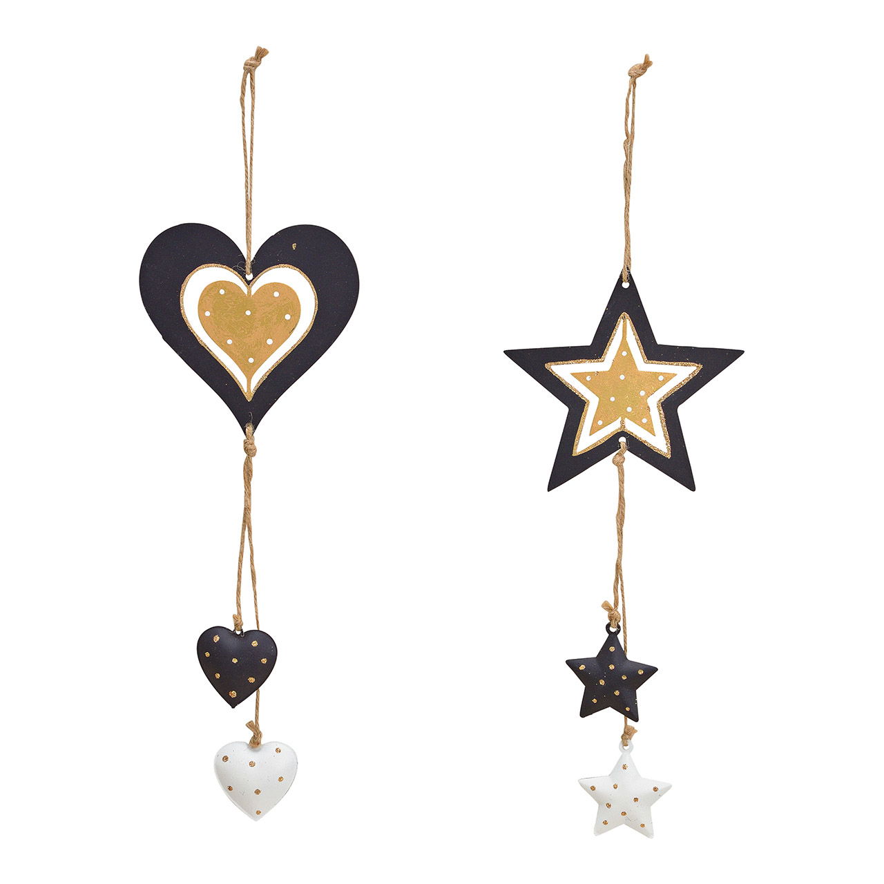 Colgador navideño estrella/corazón de metal, 2 pliegues, negro/oro (A/A/A) 11x26x1cm