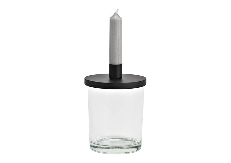 Kaarsenhouder van transparant glas, zwart metaal (B/H/D) 10x14x10cm