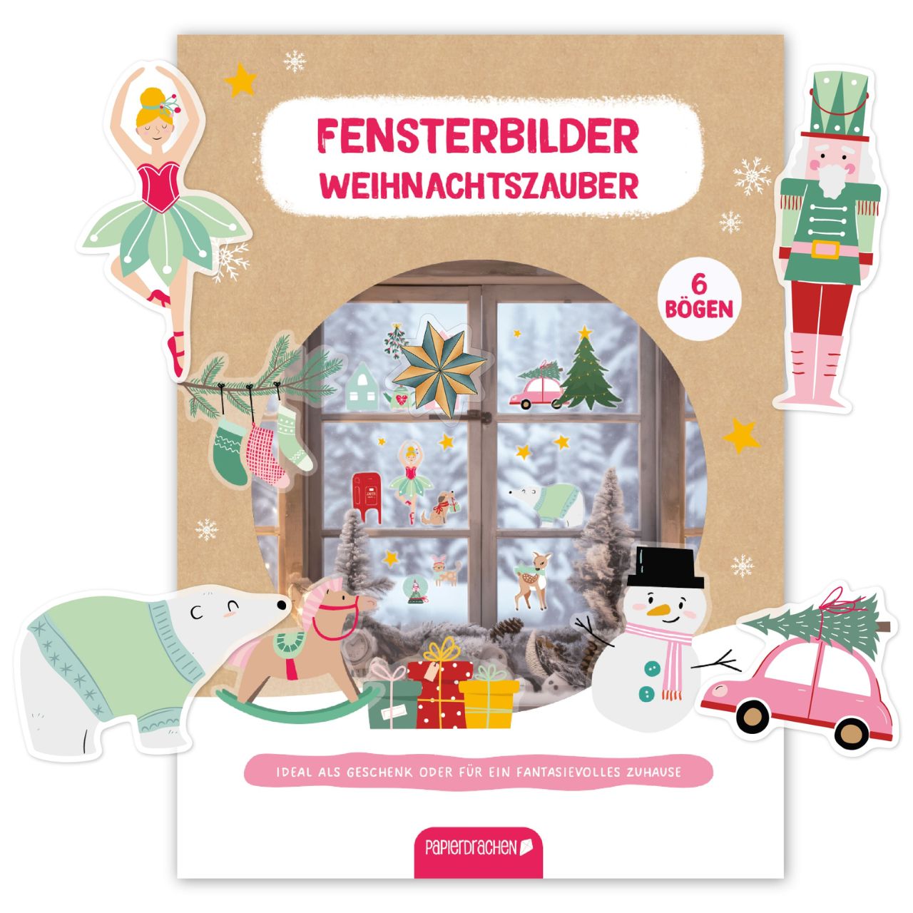 Pegatinas para ventanas - holly jolly rosa plástico colorido set de 6 (A/A/P) 22x30x1cm Weihnachtsdeko, Fensterbild, Niedliches Motiv, Winterlandschaft, Paketinhalt