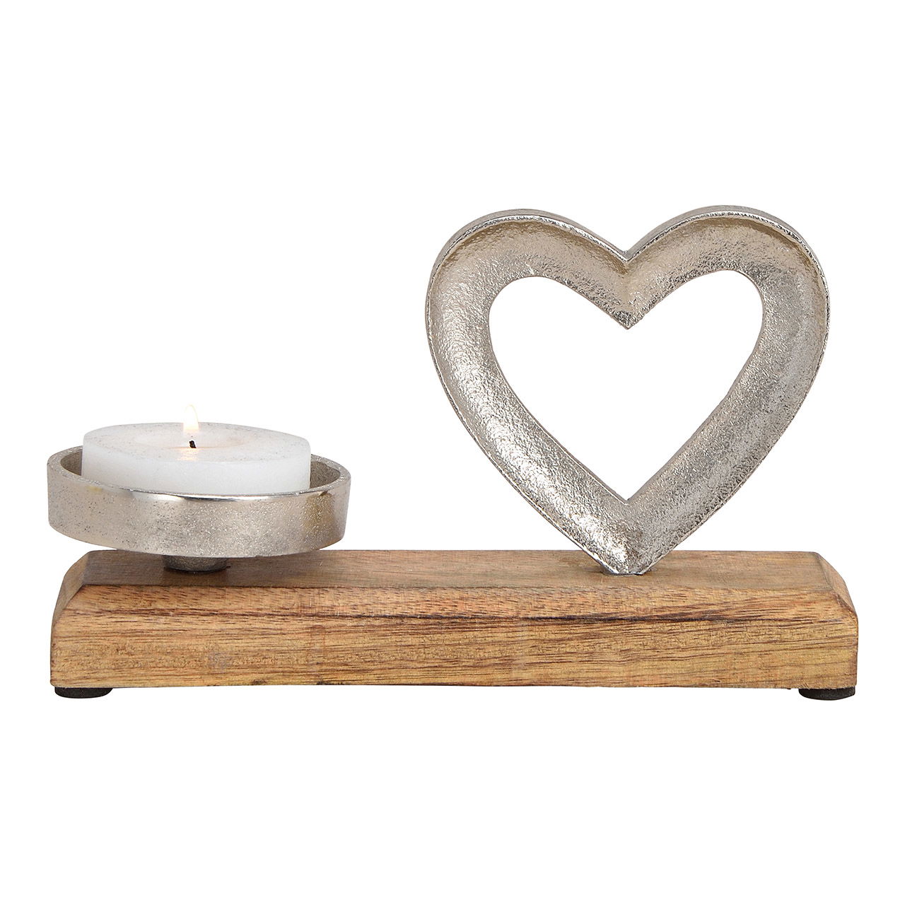 Cuore portacandele in metallo, legno di mango argento (L/H/D) 20x12x8cm