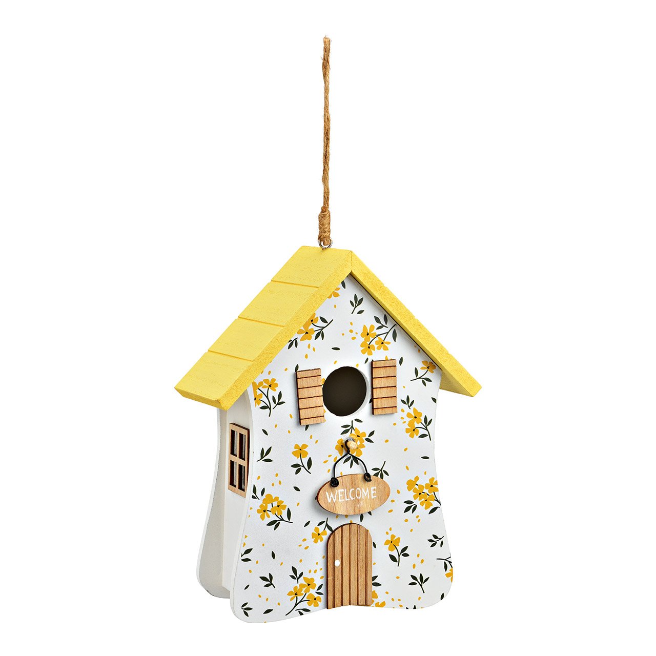 Casa colgante, decoración floral, de madera amarillo/blanco (A/A/A) 15x22x8cm