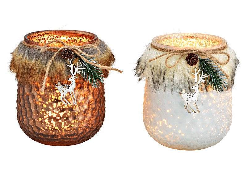 Lanterna, decorazione di pelliccia artificiale, in vetro, marrone, bianco a 2 scomparti (c/h/d) 11x14x11cm
