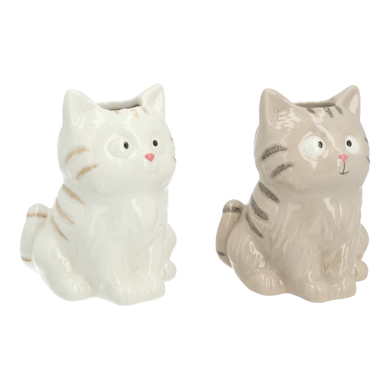 Vase « chat » en céramique, blanc et beige, assortiment de deux modèles (L/H/P) 9 x 12 x 9 cm Katzenfigur, Figur, Keramik, Sitzende Katze, Streifen
