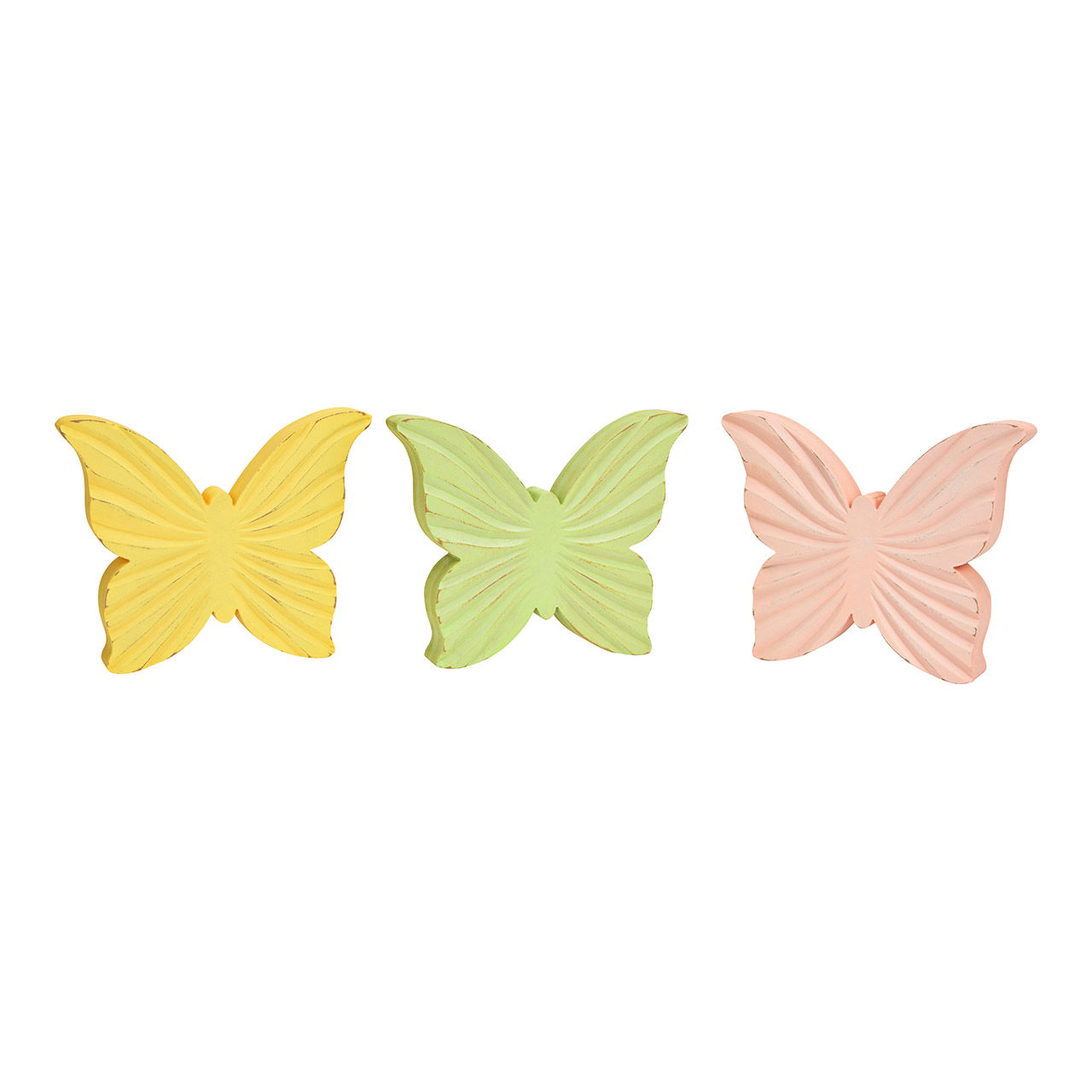 Schmetterling aus Holz, 3-fach, Gelb/Grün/Rosa (B/H/T) 18x16x3cm