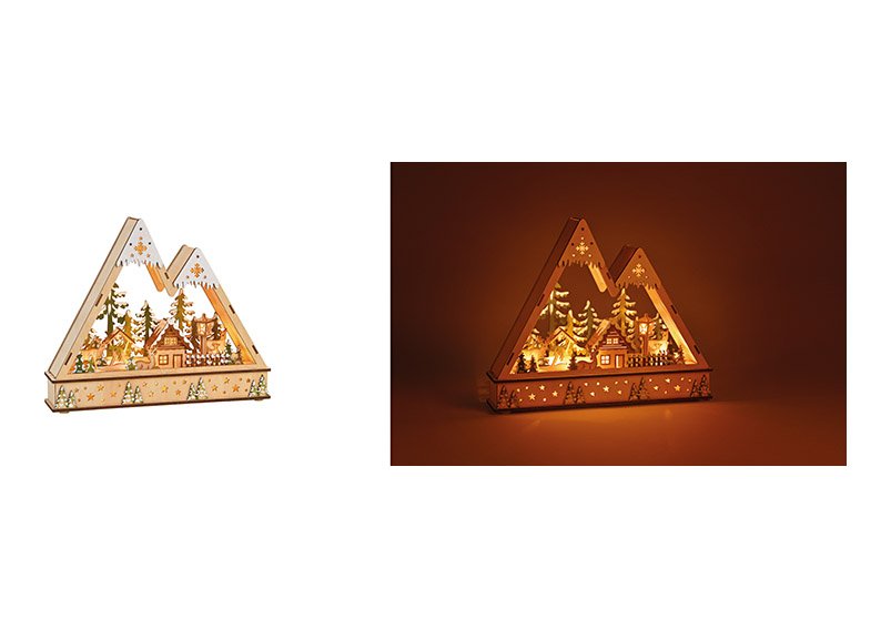 Winter scene house in the forest with 12 led lighting made of wood colored (w / h / d) 35x29x8cm