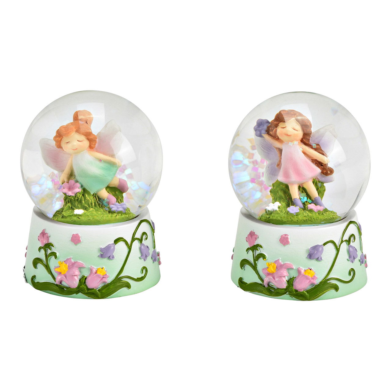 Snow globe fairy made of poly/glass 2-fold, green/purple/white (W/H/D) 4x6x4cm