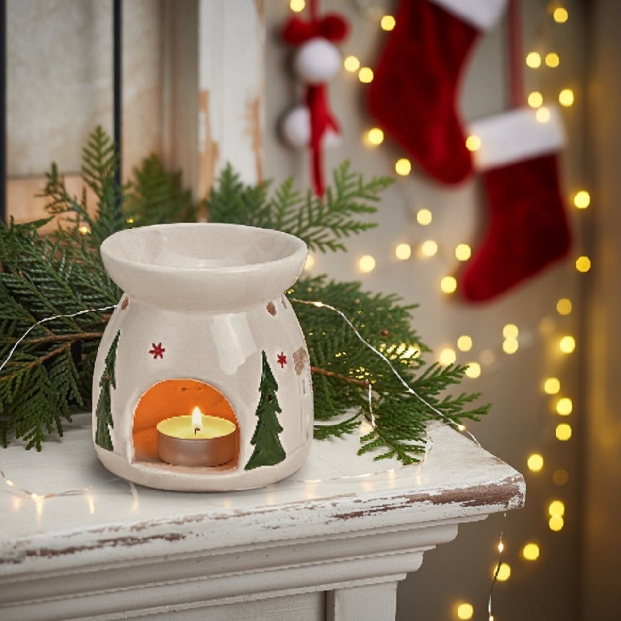 Brûle-parfum, décor de Noël en céramique blanche (L/H/P) 10x11x10cm