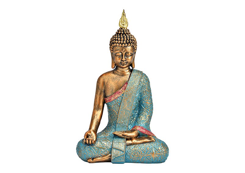 Bouddha en poly turquoise, or (L/H/P) 19x30x11cm