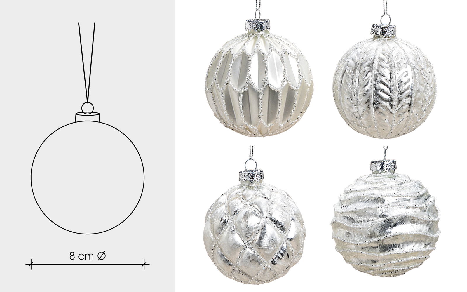 Weihnachtskugel Glitter aus Glas, 4-fach, Weiß/Silber Ø8cm Zubehor, Ohrring, Schmuck, Silber