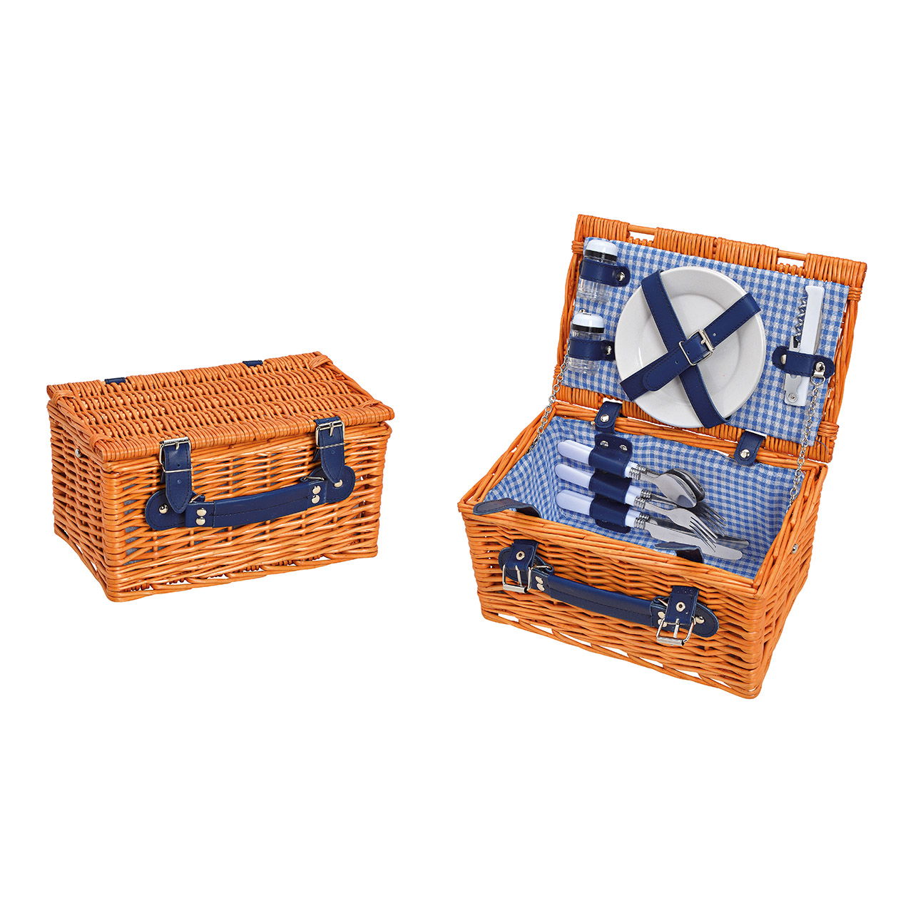 Picknick Korb für 2 Personen Braun, blau 12er Set, (B/H/T) 30x16x19cm