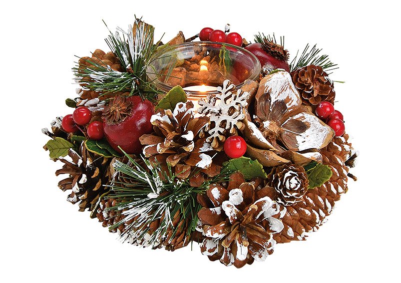 Wind light christmas wreath, 1 wind light made of glass, wood, plastic brown, red, green (w / h / d) 18x9x18cm