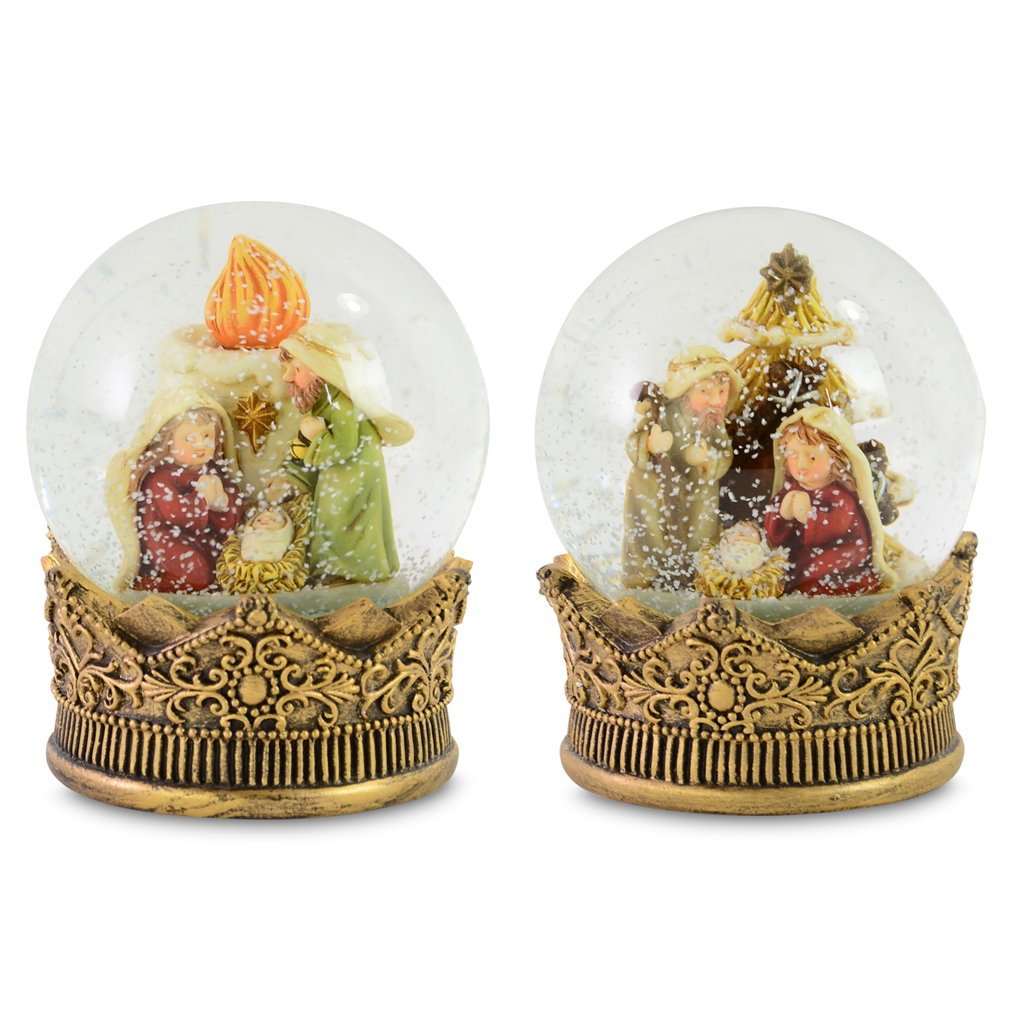 Schneekugel Heilige Familie, 2 Motive, Poly, 6.5x6.8x8.5cm, 1 Stck, gold-braun Essen, Präsentation des Essens, Person