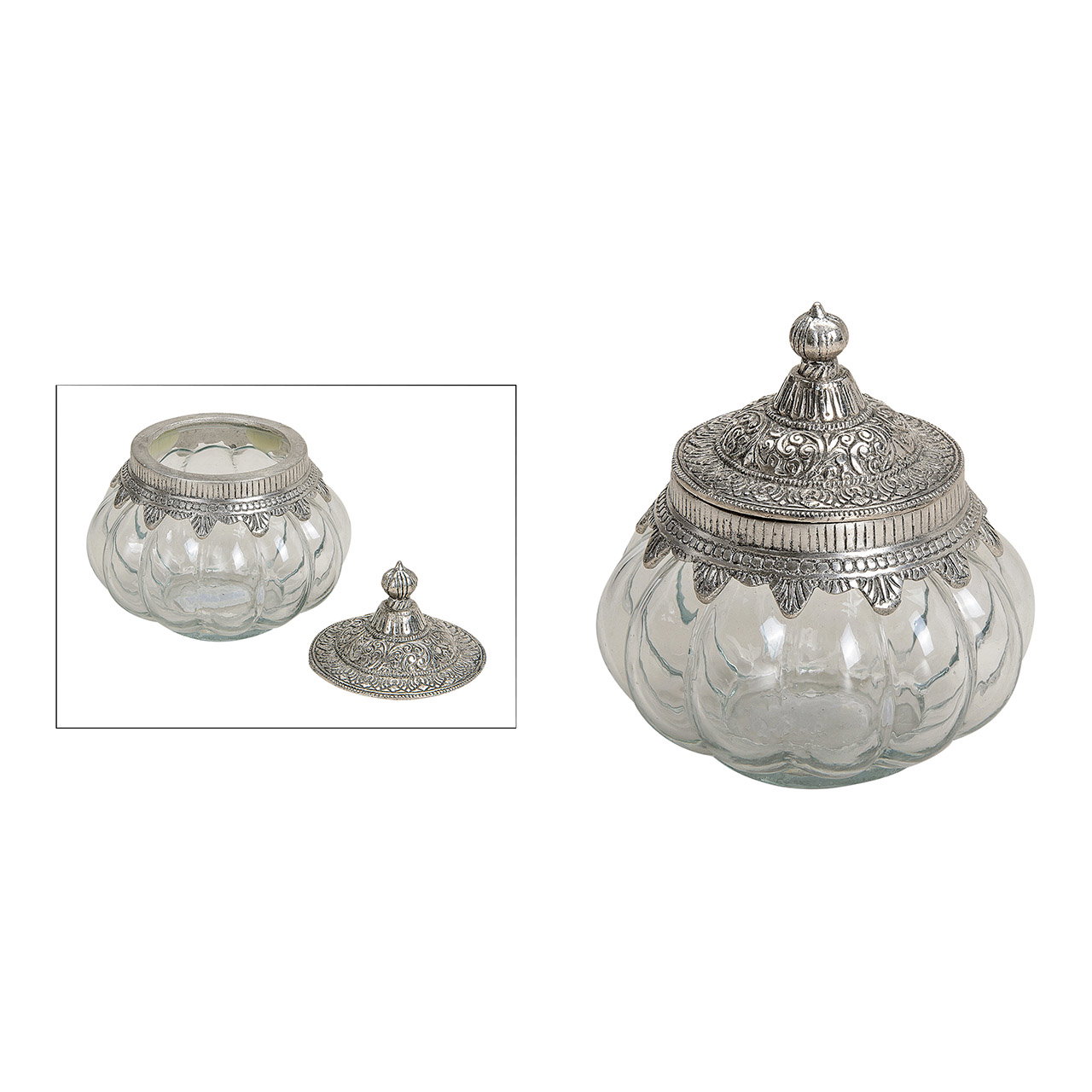 Dose aus Glas mit Metall Deckel (B/H/T) 14x14x14cm Ø14cm glasbehälter, deckel, verschnörkelt, kürbisform, silberfarbig