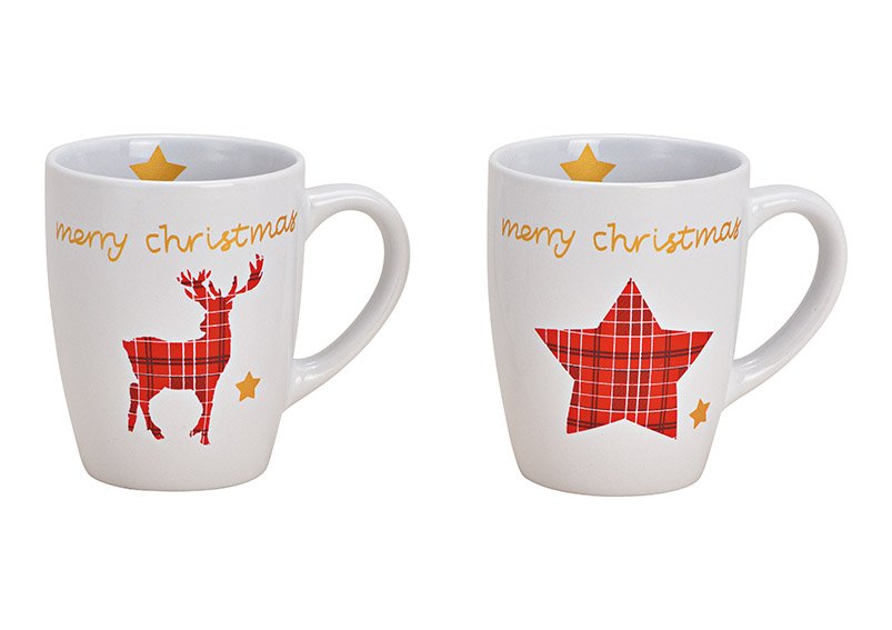 Taza Feliz Navidad, estrella, decoración de ciervos, cerámica blanca de 2 pliegues, (A/H/D) 12x10x8cm 350ml
