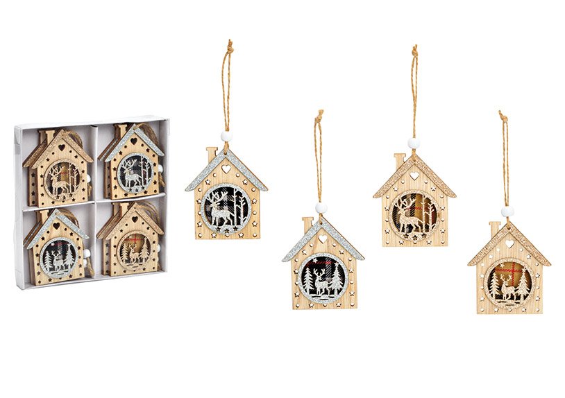 Set de pendentifs de Noël, maison, décor forêt d'hiver 7x8cm en bois naturel 8pcs.