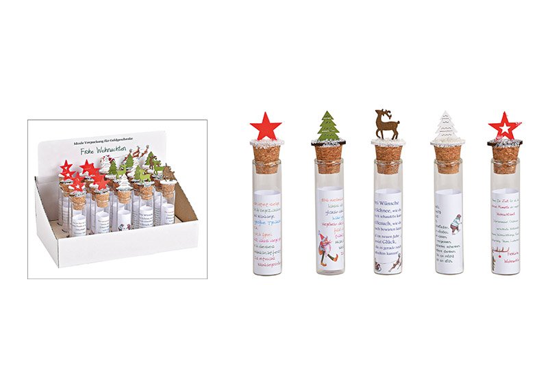 Money gifts glass tube, with wooden xmas decor, 5 asst. 2x15x2cm
