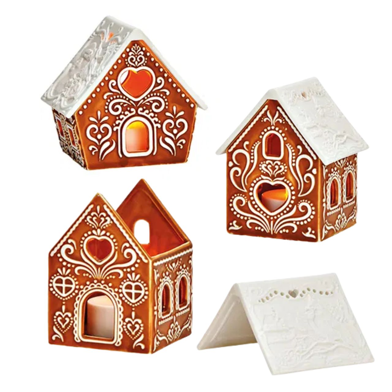 Maison à bougie à chauffe-plat LED Pain d'épices en porcelaine, 2 fois, brun/blanc (L/H/P) 8x9x6cm Essen, Süßigkeiten, Kunst, Kunsthandwerk, Plätzchen