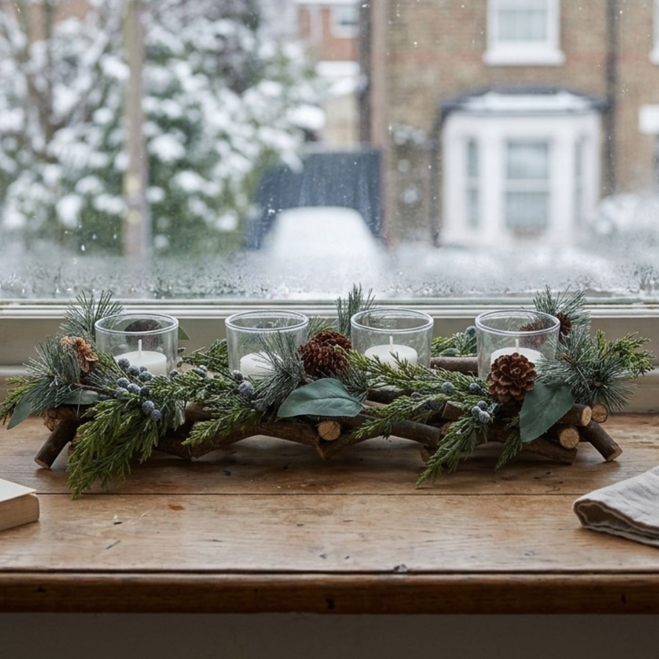 Adventskränz, Kränz mit Kerzen, Holz Dekoration, Eukalyptus, Zweige Koniferen