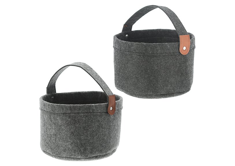 Storage basket round with handle of felt gray 2-fold, 20x13cm