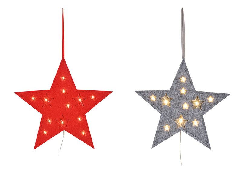 Hanger star with 12 led light made of felt gray, red 2-fold, ( w / h) 30x30cm