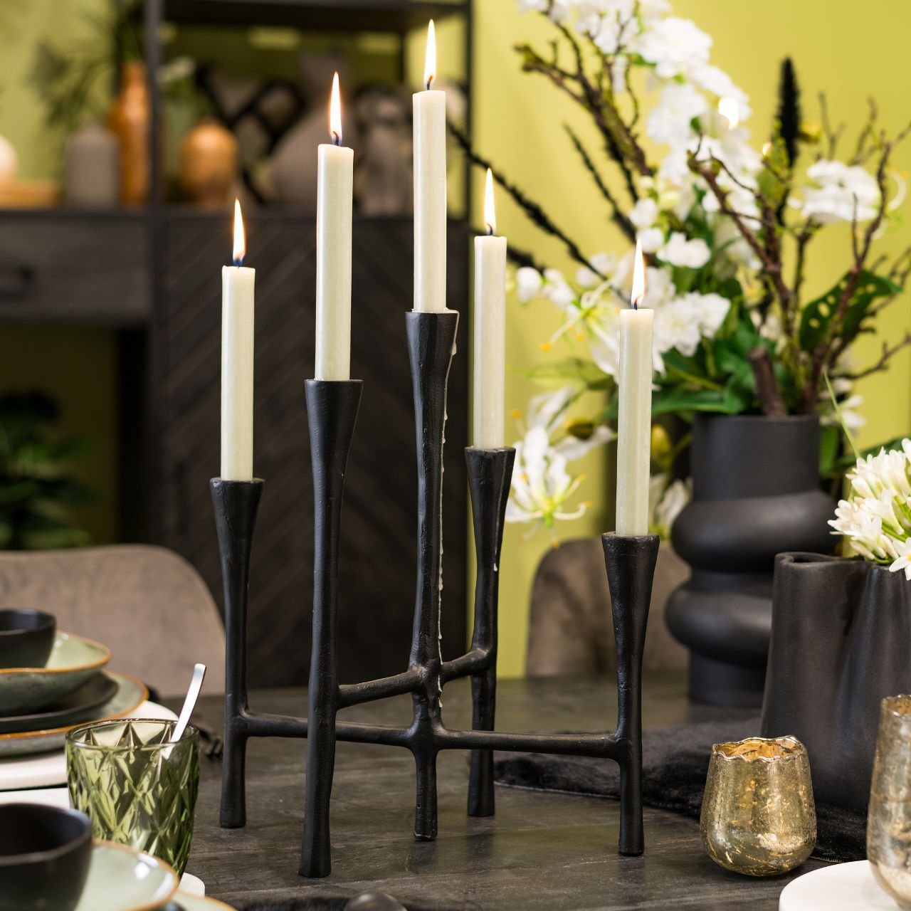 Kerzenhalter für 5er Kerzen aus Metall schwarz (B/H/T) 31x36x17cm