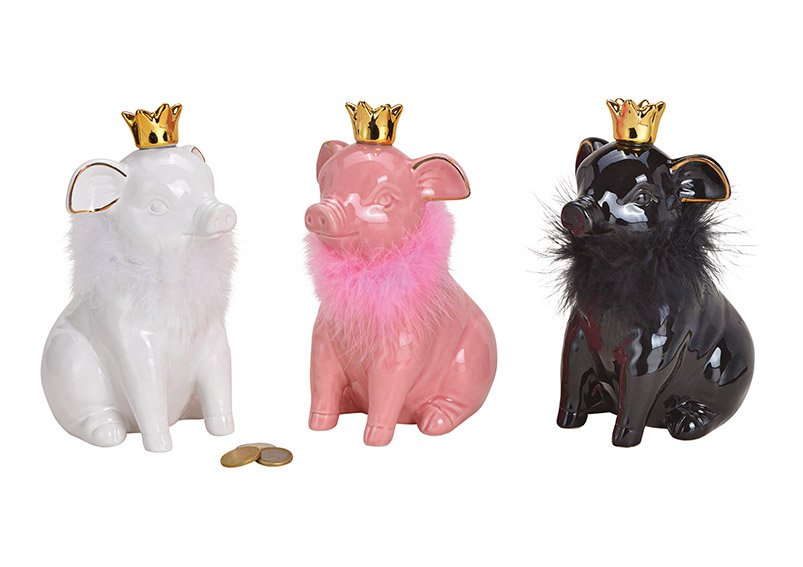 Piggy bank with crown ceramic white/pink/black 3-asst. 