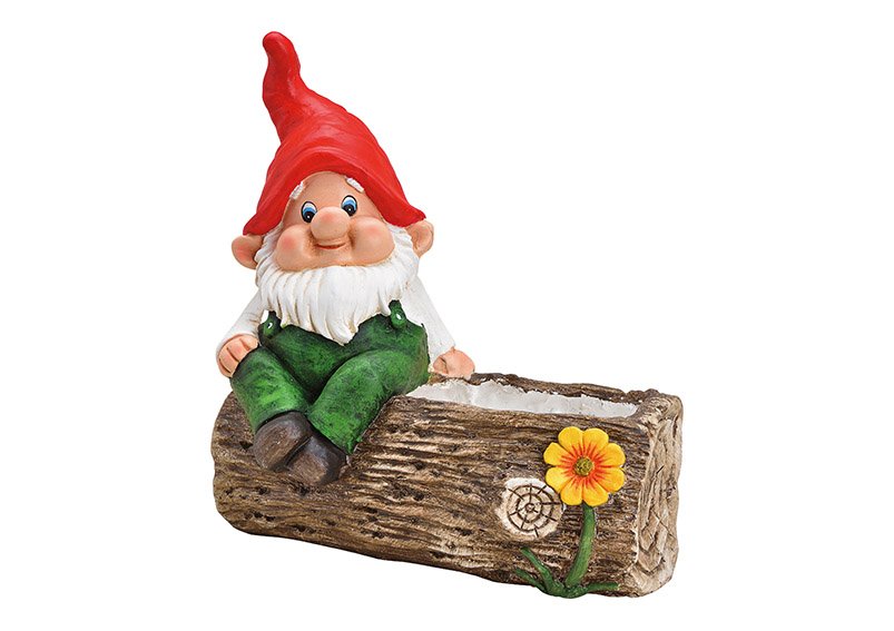 Garden gnomes on tree trunk flower pot of magnesia colorful, 35x40x20cm