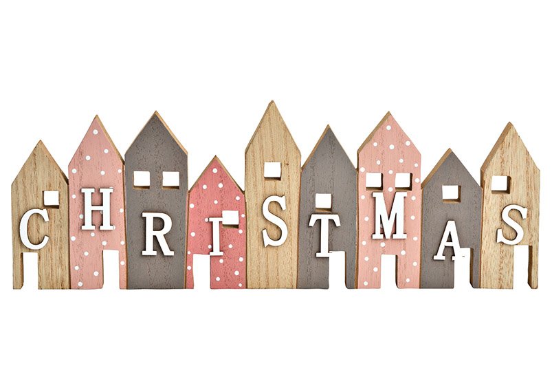 Présentoir maisons, CHRISTMAS, en bois coloré (L/H/P) 40x14x2cm