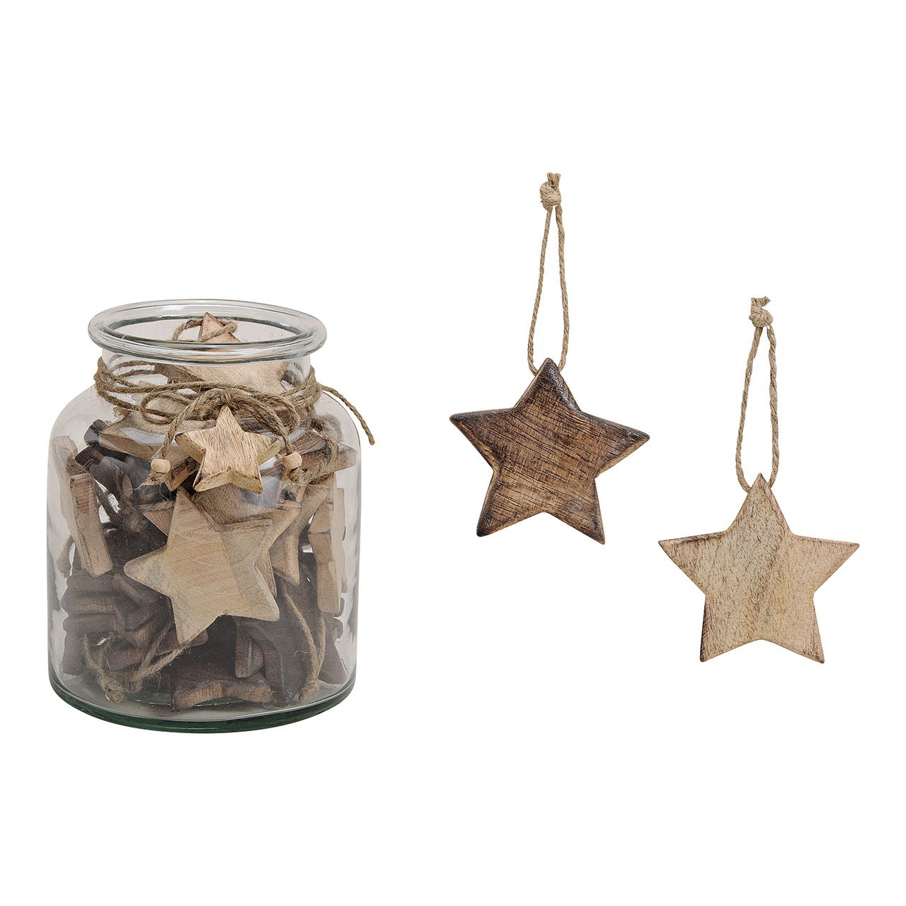 Hanger star, made of mango wood, in glass jar packing, brown color, 5cm