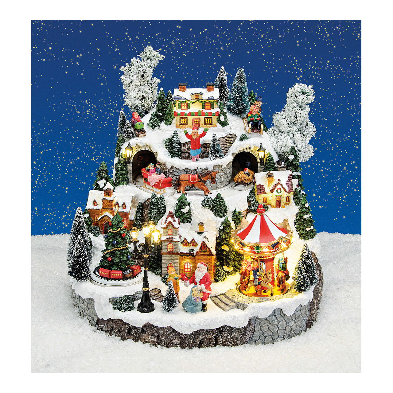 Winter scène met licht, muziek, bewegen Kerstman wagen, boom, carrousel, van poly, 33x33x32cm