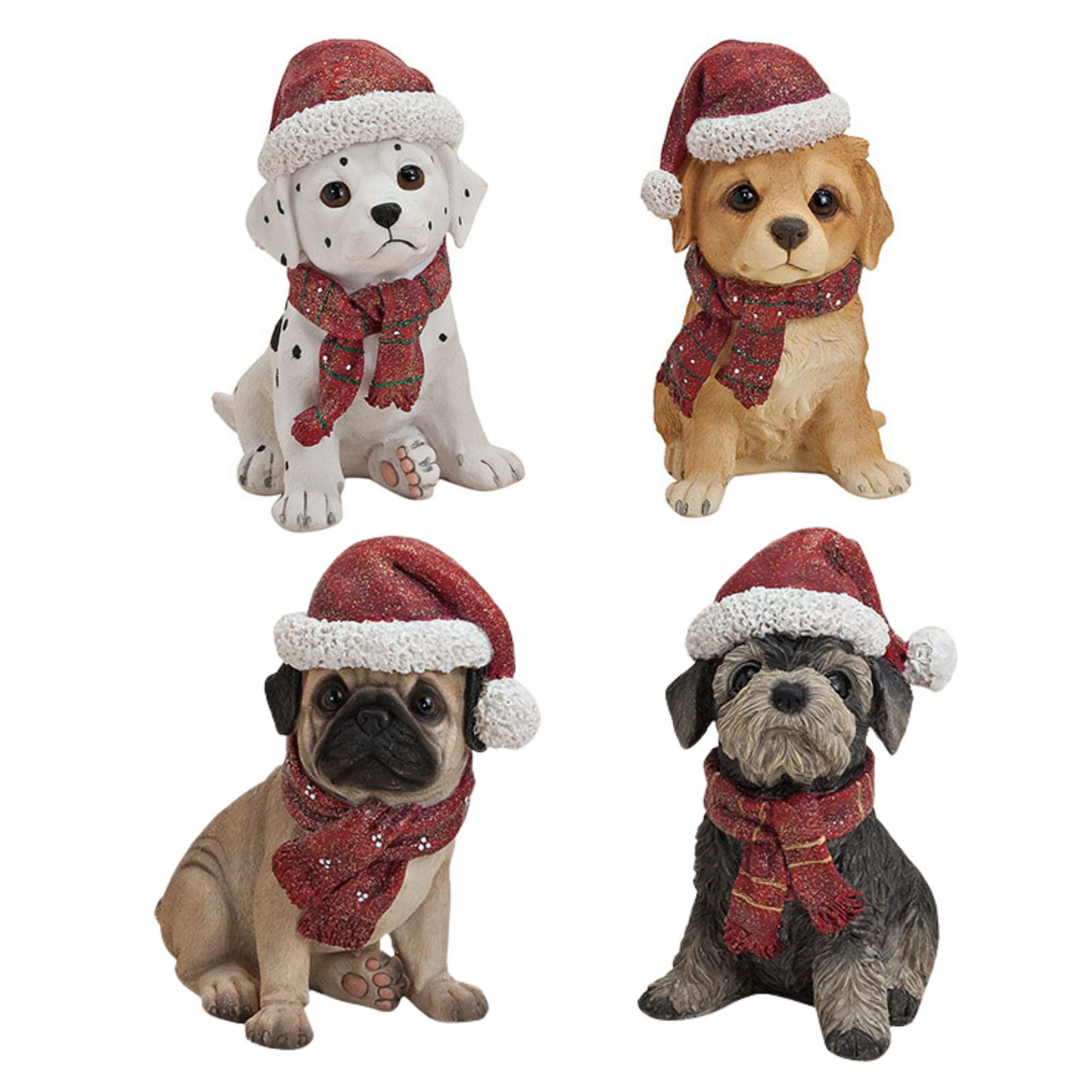 Hund mit Weihnachtsmütze aus Poly, 4-fach sortiert (B/H/T) 13x16x8 cm Spielzeug, Hund, Säugetier, Haustier